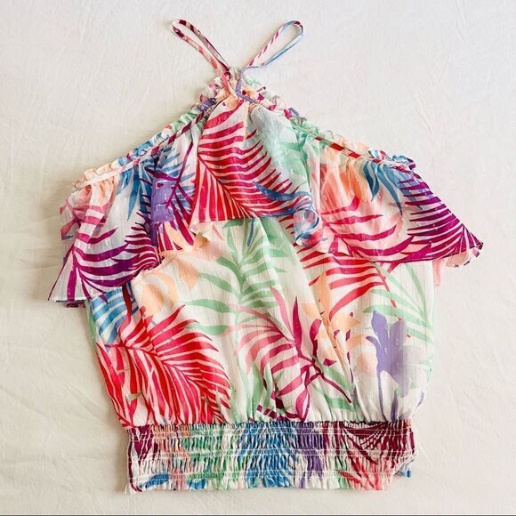 Ramy Brook Womens Top Jules Sleeveless Halter Ruffle Floral Palms Fashion Large - Picture 1 of 5